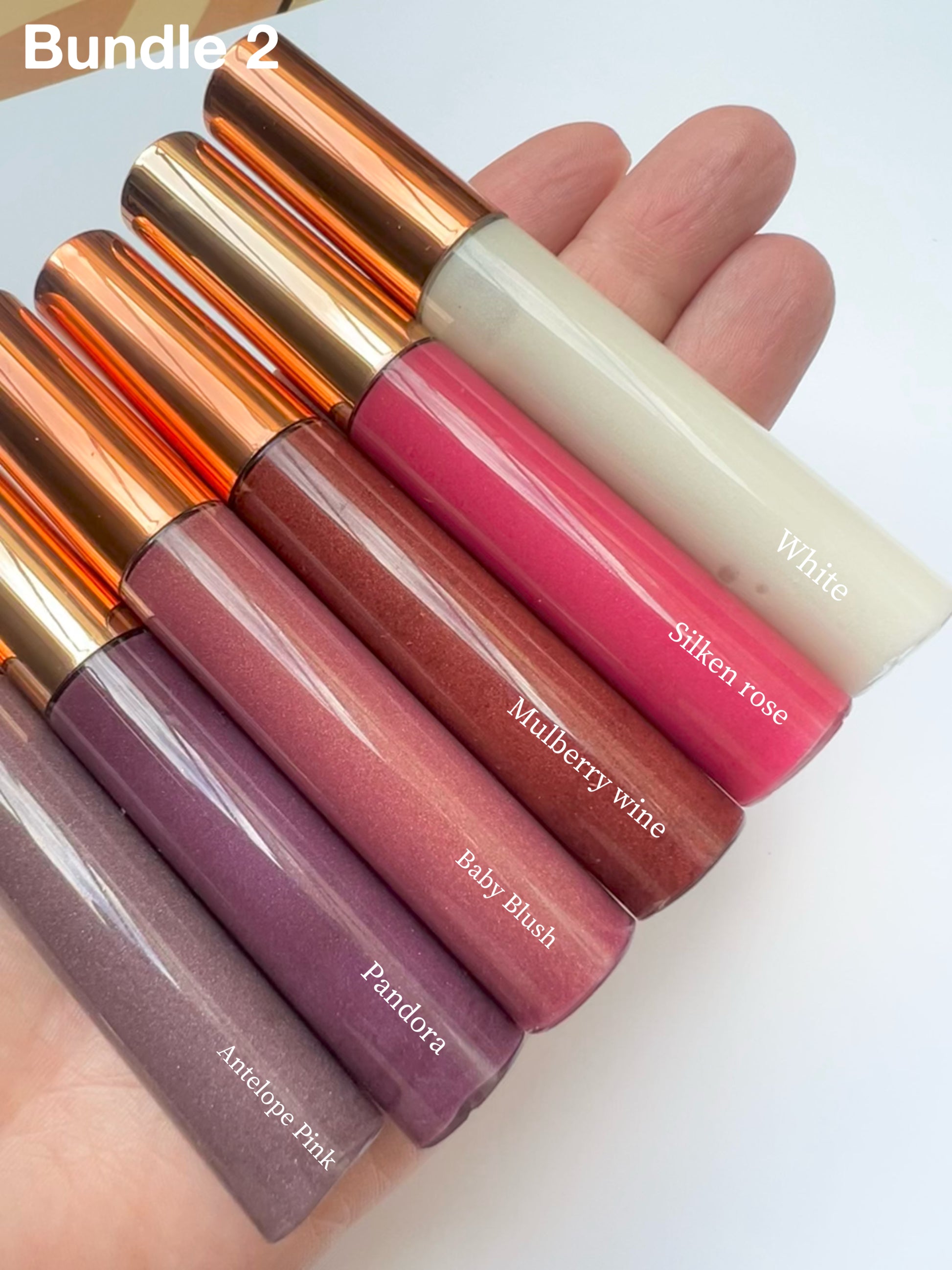 Bundle of 6 handmade natural lip glosses – White, Silken Rose, Mulberry Wine, Baby Blush, Pandora, and Antelope Pink – moisturizing, non-sticky, glossy finish.