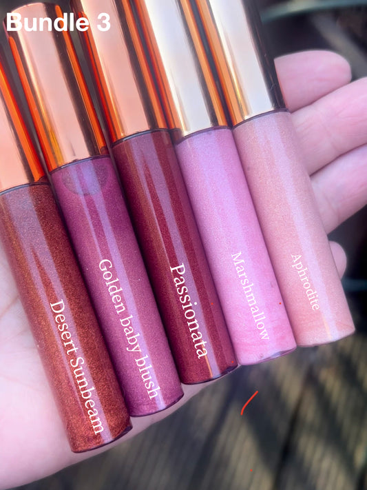 Bundle of 4 handmade natural lip glosses – Desert Sunbeam, Golden Baby Blush, Passionata, Marshmallow, and Aphrodite – moisturizing, non-sticky, glossy finish.
