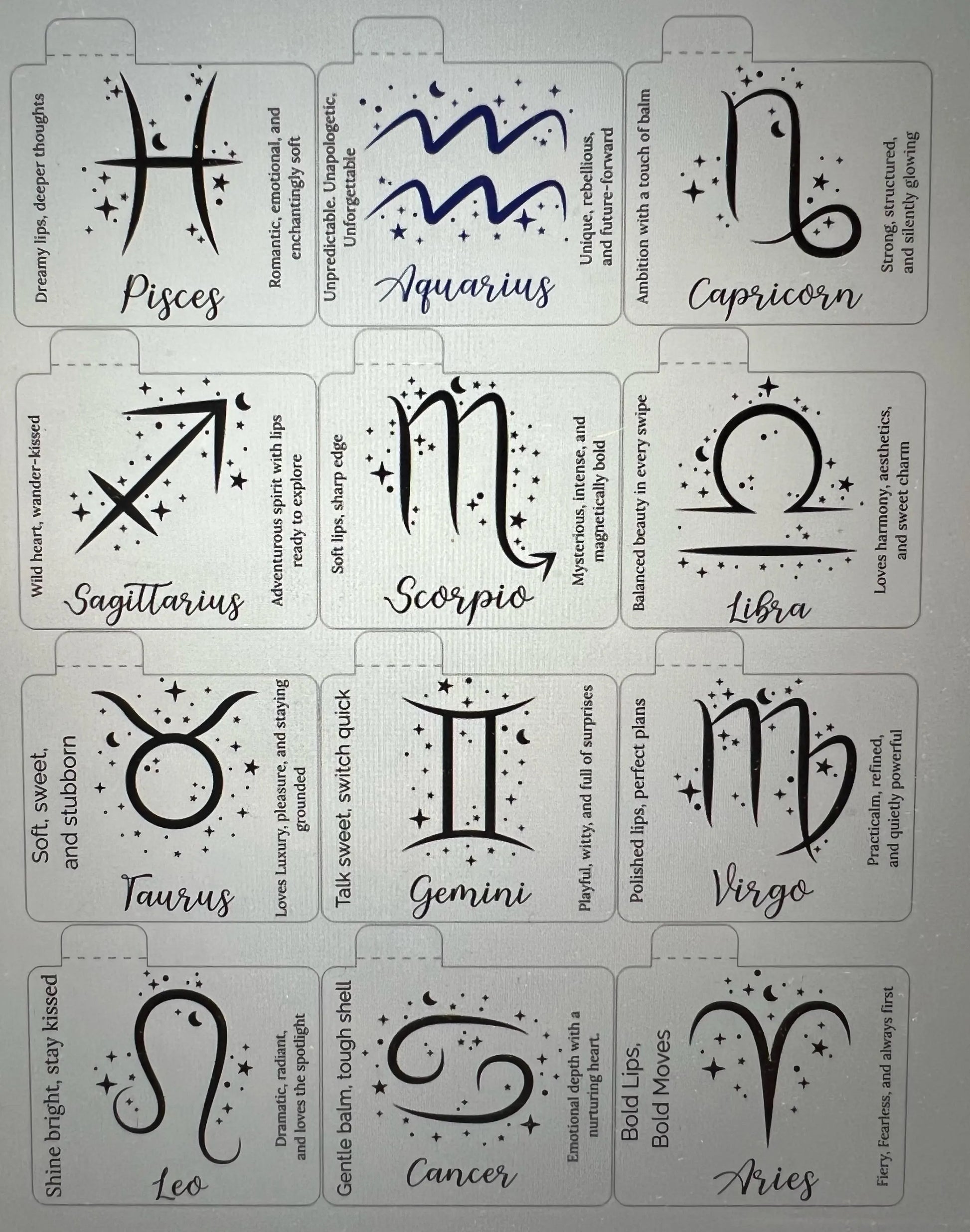 Flat lay of zodiac lip balm labels showing astrology symbols for all star signs